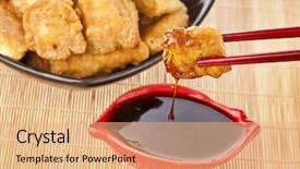  Presentation with soy sauce - Beautiful presentation design featuring fried tofu soy products backdrop and a coral colored foreground