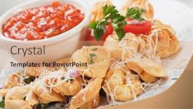  Presentation with pasta sauce - Audience pleasing slide set consisting of fried-tortellini-pasta-wit-grated backdrop and a coral colored foreground