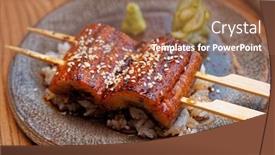  Presentation with barbecue - Colorful PPT theme enhanced with fried-unagi-eel-with-barbecue backdrop and a coral colored foreground
