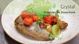  Presentation with cherry - Amazing presentation design having fried-walleye-fillet-with-potatoes backdrop and a mint green colored foreground