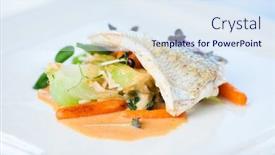  Presentation with green - Amazing PPT theme having fried whitefish fillet stir-fried with green vegetables jasmine rice carrot salad and a creamy shrimp sauce backdrop and a sky blue colored foreground