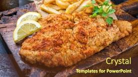  Presentation with cutting board - Colorful slide set enhanced with fried wiener schnitzel from veal topside with french fries and lemon slice as closeup on an old rustic cutting board backdrop and a tawny brown colored foreground