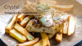  Presentation with potato chips - Presentation design featuring fried-zander-with-homemade-potato background and a coral colored foreground