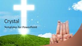  Presentation with human face set of faces - Slides having friend christ - happy finger smiley faces background and a light blue colored foreground
