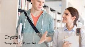  Presentation with walking - Colorful slide deck enhanced with friend while walking by bookshelf backdrop and a soft green colored foreground