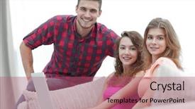  Presentation with group of people - Beautiful slides featuring friendliness - group of young people sitting backdrop and a  colored foreground