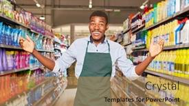  Presentation with apron - Slide deck consisting of friendly-african-seller-with-apron background and a coral colored foreground