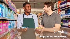  Presentation with supermarket - Slide deck with friendly-african-seller background and a coral colored foreground