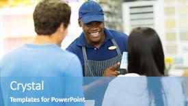  Presentation with helping - Audience pleasing PPT layouts consisting of friendly african shop assistant helping backdrop and a light blue colored foreground
