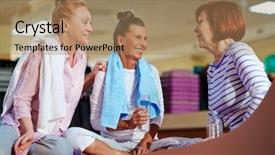  Presentation with females - Presentation theme having friendly aged females drinking water and discussing workout at break background and a coral colored foreground