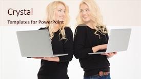  Presentation with friendly - Presentation design featuring friendly attractive blonde sisters twins holding laptops isolated over white background background and a lemonade colored foreground