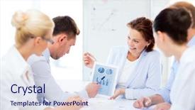  Presentation with friendly - Colorful slides enhanced with friendly business team discussing graphs backdrop and a sky blue colored foreground