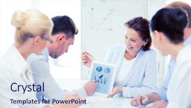  Presentation with friendly - Cool new PPT layouts with friendly business team discussing graphs backdrop and a sky blue colored foreground