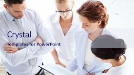  Presentation with team discussion - Cool new slides with friendly business team having discussion backdrop and a sky blue colored foreground