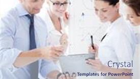  Presentation with team discussion - Presentation design consisting of friendly business team having discussion in office background and a sky blue colored foreground