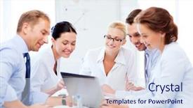  Presentation with virtual team meeting - Presentation design having friendly business team having meeting background and a sky blue colored foreground