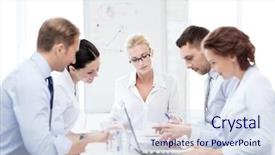  Presentation with team meeting - Slide set consisting of friendly business team having meeting background and a sky blue colored foreground