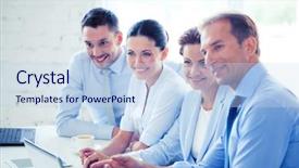  Presentation with team meeting - Cool new theme with friendly business team having meeting backdrop and a sky blue colored foreground