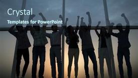  Presentation with friendly - PPT theme with friendly-business-team-standing-near background and a  colored foreground