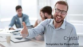  Presentation with friendly - Beautiful presentation theme featuring friendly-businessman-welcoming backdrop and a light gray colored foreground