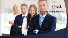  Presentation with team leader - Audience pleasing presentation design consisting of friendly businesspeople with male leader backdrop and a coral colored foreground
