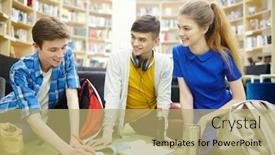  Presentation with task - Presentation theme featuring friendly college students discussing task for lesson at lunch break background and a yellow colored foreground