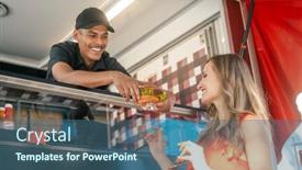  Presentation with food truck - Audience pleasing slide set consisting of friendly-cook-in-a-food backdrop and a ocean colored foreground