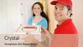  Presentation with pizza delivery - Beautiful theme featuring friendly delivery man handing pizza backdrop and a soft green colored foreground