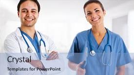  Presentation with teamwork nurse doctor - Presentation enhanced with wooden old background with a collection of old children toys for the kitchen background for cooking and restaurant concepts in red and brown colors background and a gray colored foreground