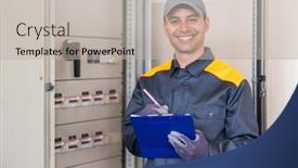  Presentation with electrician - Amazing PPT theme having friendly-electrician-writing-a-document backdrop and a mint green colored foreground