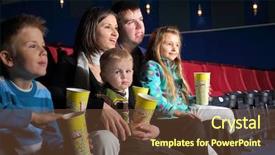  Presentation with popcorn movie - Slide set consisting of friendly family watching a movie and eating popcorn in the cinema background and a tawny brown colored foreground
