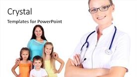  Presentation with doctor family - PPT layouts featuring friendly female doctor and family with children on the background background and a white colored foreground