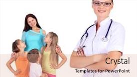  Presentation with doctor family - Amazing PPT theme having friendly female doctor and family with children on the background backdrop and a coral colored foreground