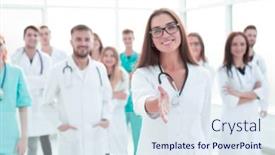 Presentation with female doctor - Colorful PPT theme enhanced with friendly-female-doctor-holding-out backdrop and a sky blue colored foreground
