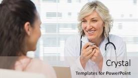  Presentation with patient and doctor - Colorful presentation theme enhanced with friendly female doctor in conversation backdrop and a soft green colored foreground