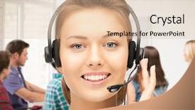  Presentation with friendly - Cool new PPT theme with friendly-female-helpline-operator backdrop and a lemonade colored foreground