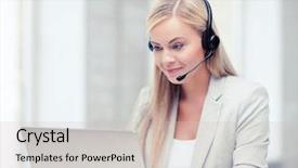  Presentation with friendly - Beautiful presentation design featuring friendly female helpline operator backdrop and a soft green colored foreground