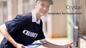  Presentation with teamwork volunteer charity help giving - PPT theme having friendly female volunteer raising money background and a coral colored foreground