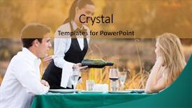  Presentation with friends eating and drinking wine - PPT theme featuring friendly female waitress pouring wine background and a gold colored foreground