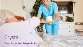  Presentation with geriatric - Slide set having friendly-geriatric-nurse-serves-breakfast background and a sky blue colored foreground