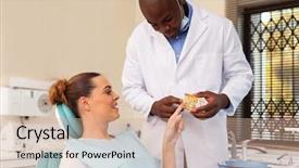  Presentation with odontology teeth mode - Cool new slide set with friendly male dentist showing teeth backdrop and a coral colored foreground