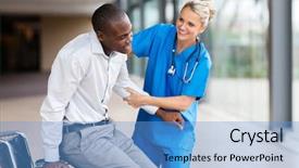  Presentation with medical negligence - Slide deck enhanced with friendly medical nurse helping handicapped background and a teal colored foreground