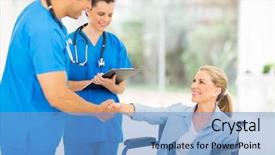  Presentation with friendly - Audience pleasing presentation theme consisting of friendly middle aged medical doctor handshaking with patient on wheelchair backdrop and a teal colored foreground