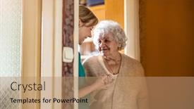  Presentation with supporting - Beautiful slide deck featuring friendly-nurse-supporting-an-elderly backdrop and a coral colored foreground
