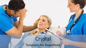  Presentation with ophthalmologist - Beautiful theme featuring friendly ophthalmologist examining woman's eye backdrop and a light blue colored foreground