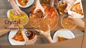  Presentation with friendly - Colorful presentation enhanced with friendly party with hot pizza backdrop and a  colored foreground