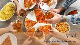  Presentation with friendly - Amazing PPT theme having friendly party with hot pizza backdrop and a coral colored foreground