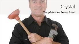  Presentation with plumber - Presentation design featuring friendly plumber ready to serve isolated on white background and a light gray colored foreground