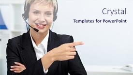  Presentation with receptionist - Cool new slides with friendly receptionist with headset showing direction to a visitor backdrop and a sky blue colored foreground