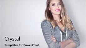  Presentation with friendly - Slides featuring friendly smiling professional business woman background and a light gray colored foreground